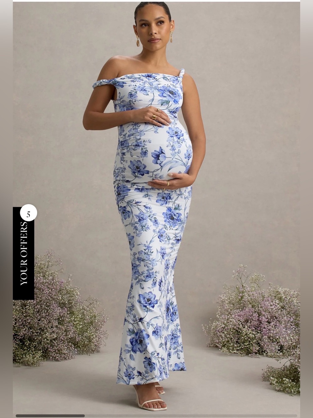 Club L London White & Blue Floral One-Shoulder Maxi Dress